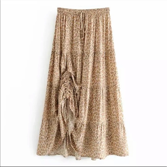 Boho leopard print maxi skirt tiered cinch - Picture 3 of 8